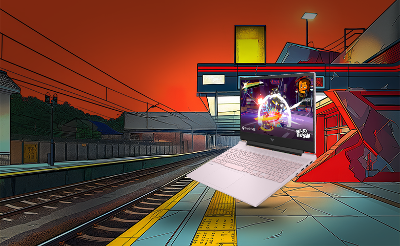 Victus 15 Laptop vor gezeichnetem Bahnhof mit Gaming-Szene auf dem Display