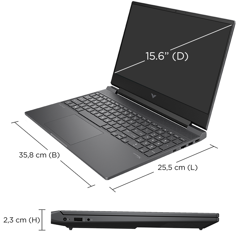 HP VICTUS 15 Mica Silver – Abmessungen und Ansichten
