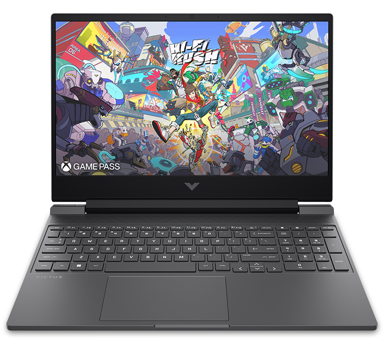 VICTUS Gaming Notebook Mica Silver – Frontansicht mit Game-Szene