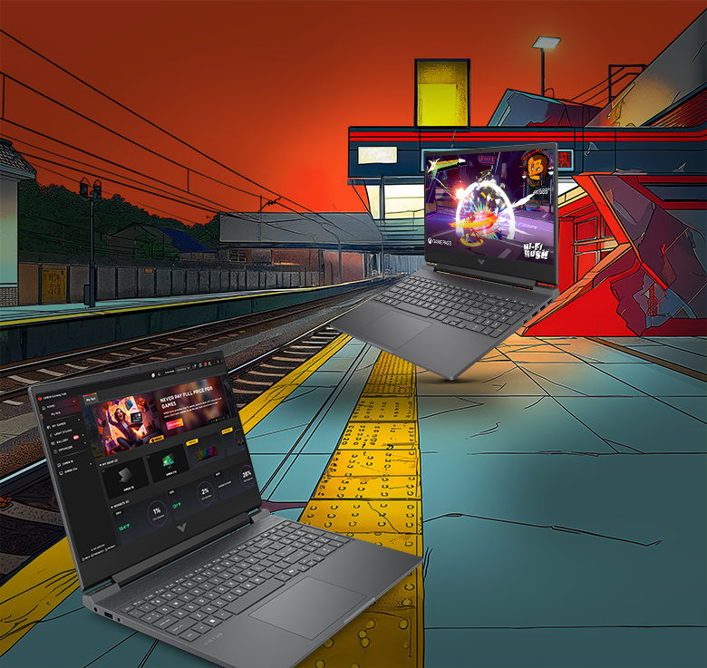 Victus 15 Mica Silver vor Bahnhof – Mobilität und Konnektivität mit Gaming-Szene auf dem Display