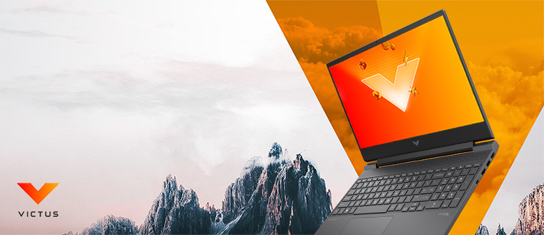 HP VICTUS 15 Laptop mit Victus Logo vor Bergmotiv