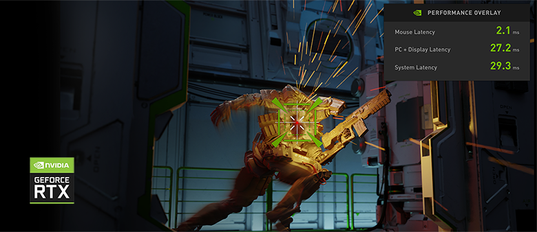 Gameplay mit NVIDIA GeForce RTX Logo und Latenz-Anzeige