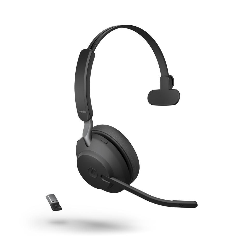 Bild von Jabra Evolve2 65 Headset, Mono, kabellos, schwarz Bluetooth, inkl. Link 380 USB-A, inkl. Ladestation, Optimiert Microsoft Teams