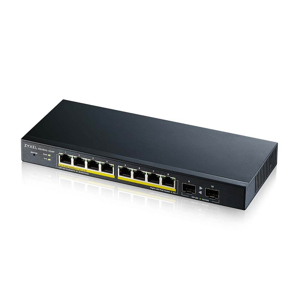 Bild von Zyxel GS1900-10HP V2 Smart Managed Switch 8x Gigabit Ethernet (8x PoE+ max. 77 Watt), 2x SFP, Layer 2, Desktop, Lüfterlos