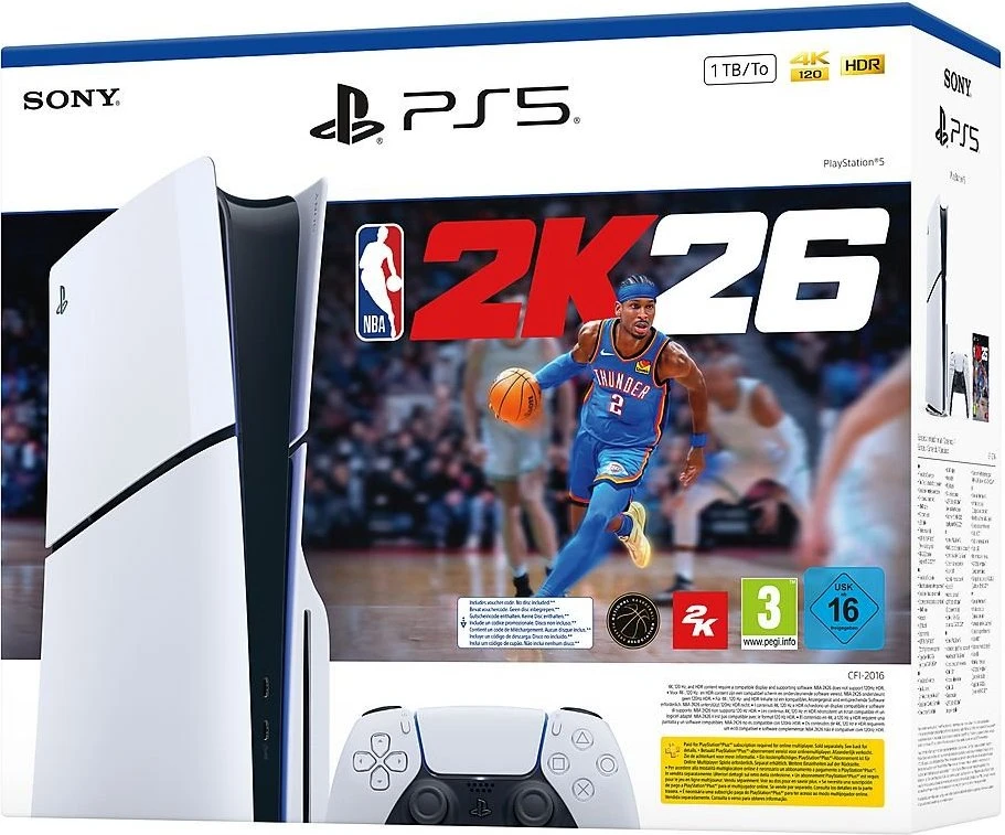 Bild von Sony PlayStation 5 Standard Konsole (Slim) - NBA 2K26 Bundle mit Laufwerk, 1TB SSD-Speicher, schlankes Design, inkl. NBA 2K26 (Download) und 1x DualSe