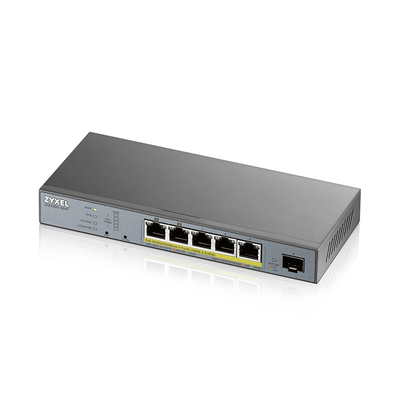 Bild von Zyxel GS1350-6HP Smart Managed Switch 5x Gigabit Ethernet (3x PoE+/2x PoE++ max. 60 Watt), 1x SFP, Long Range, inkl. 1 Jahr Nebula Pro