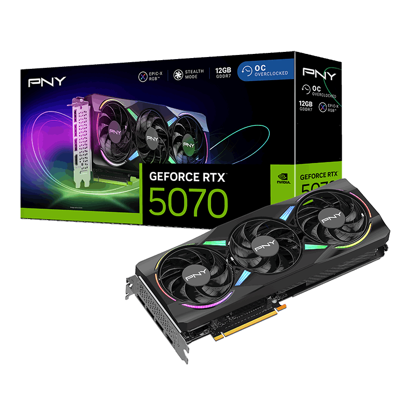 Bild von PNY GeForce RTX 5070 ARGB Epic-X RGB Overclocked Triple Fan - 12GB GDDR7, HDMI, 3x DP