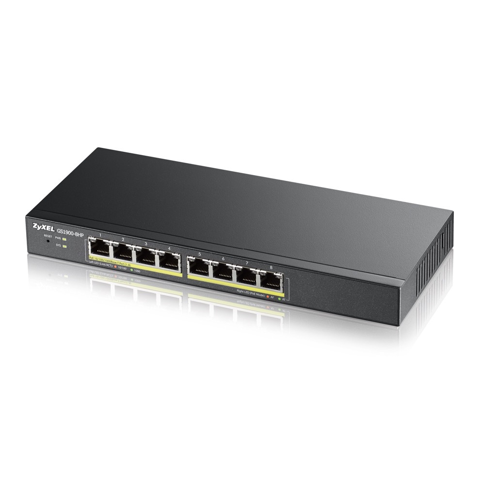 Bild von Zyxel GS1900-8HP V3 Smart Managed Switch 8x Gigabit Ethernet (8x PoE+ max. 70 Watt), Layer 2, Desktop, Lüfterlos