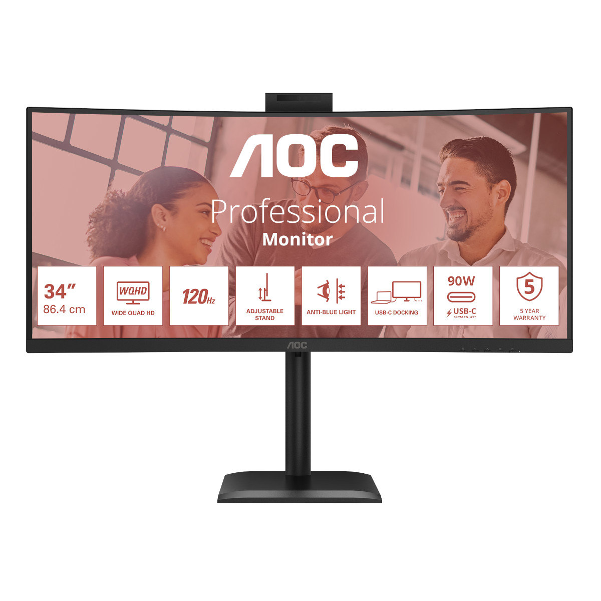 Bild von AOC CU34E4CW Curved Office Monitor 34 Zoll WQHD , höhenverstellbar, Lautsprecher, Webcam, schwarz